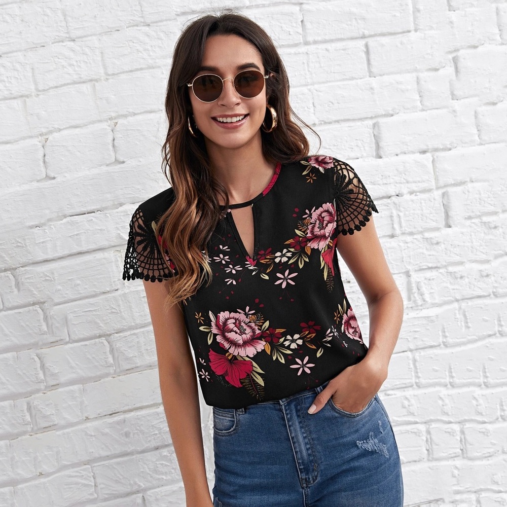 Floral Black Top with Pink Accents